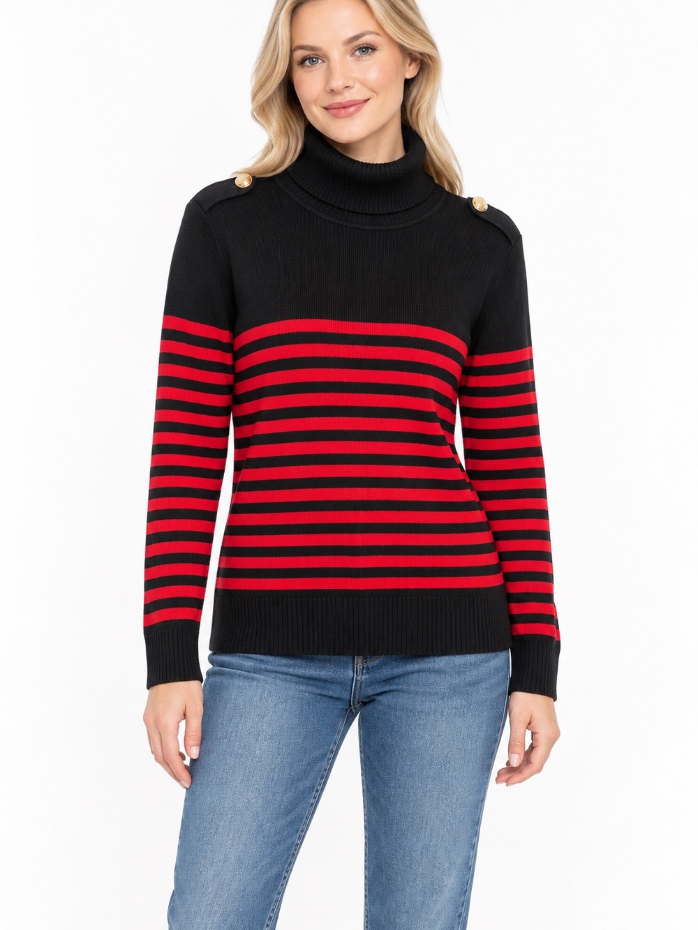 Ralph Lauren Size Large Women’s Black & Red Striped Turtleneck Sweater Gold